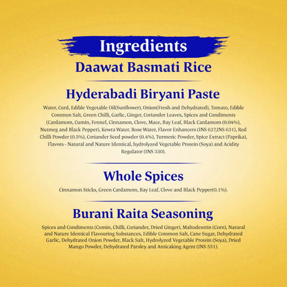 Daawat Hyderabadi Biryani Kit with authentic biryani masala and spices in a colorful package.