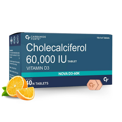 Carbamide Forte Vitamin D3 60000 IU Ayurvedic tablets, showing the supplement packaging and tablets inside a blister pack.