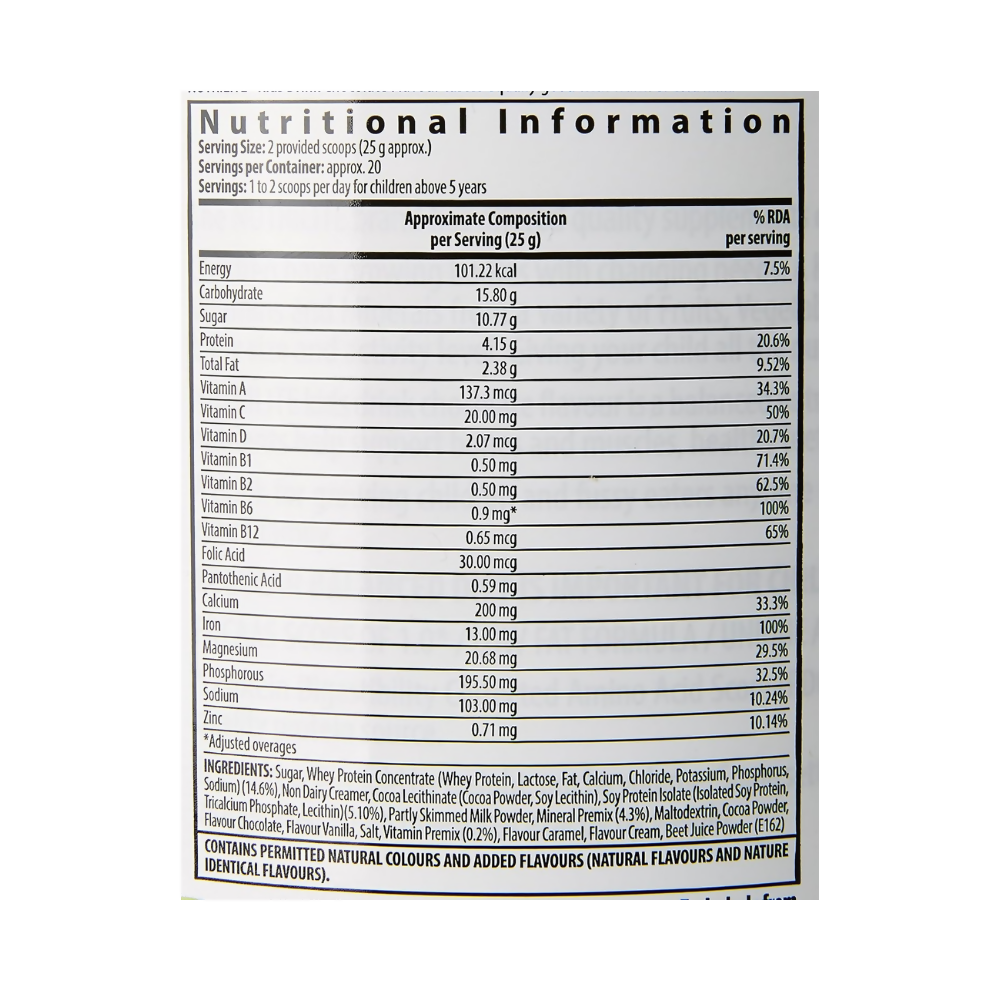 Kids NutriDrink Plus chocolate flavor baby nutritional powder by Nutrlite, showing a canister with chocolate-flavored formula.