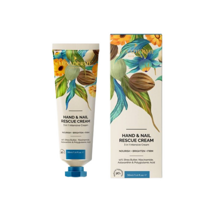 LuxaDerme Hand & Nail Rescue Cream with shea butter and niacinamide, showing the creamy texture in a tube.