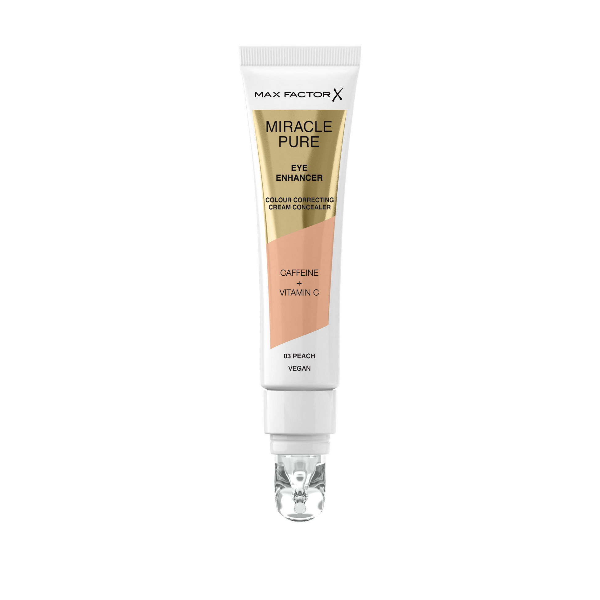 Max Factor Miracle Pure Eye Enhancer Peach under eye cream with smooth texture and peach tint for brightening and reducing dark circles.