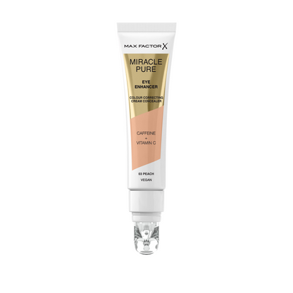 Max Factor Miracle Pure Eye Enhancer Peach under eye cream with smooth texture and peach tint for brightening and reducing dark circles.