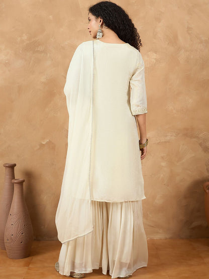 Indyancart VA Women Embroidered Straight Kurta with Sharara & Dupatta