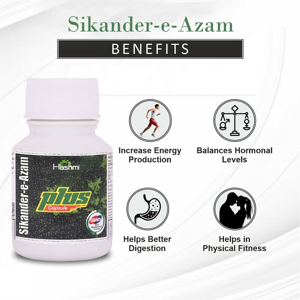 Hashmi Sikander-E-Azam Plus Ayurvedic capsules showing the bottle with capsules inside, designed for men's wellness and vitality.