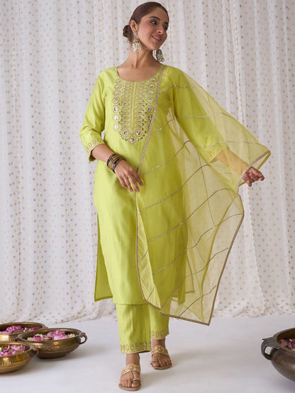 Floral Yoke Design Sequnnied Straight Kurta With Trousers & Dupatta