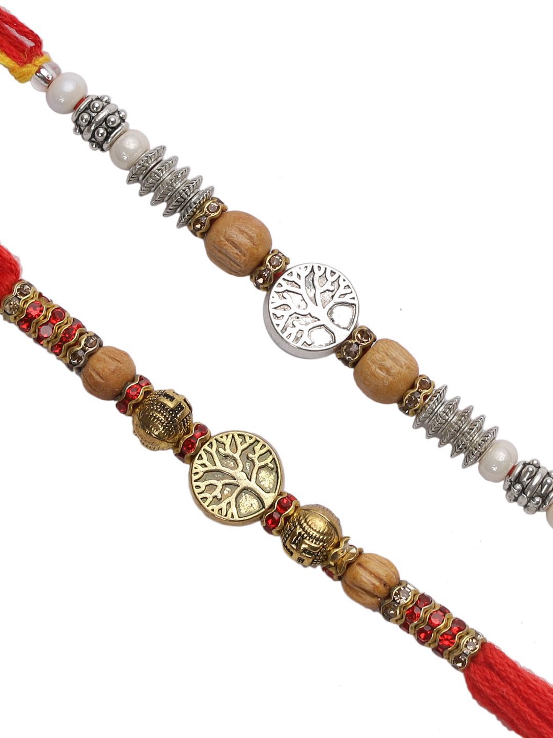 Anouk Red Set Of 2 Stone Studded & Beaded Rakhis With Roli Chawal & Greeting Card