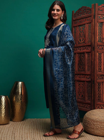 Indyancart SN Women's Sequin Embroidered Straight Kurta & Trousers With Dupatta
