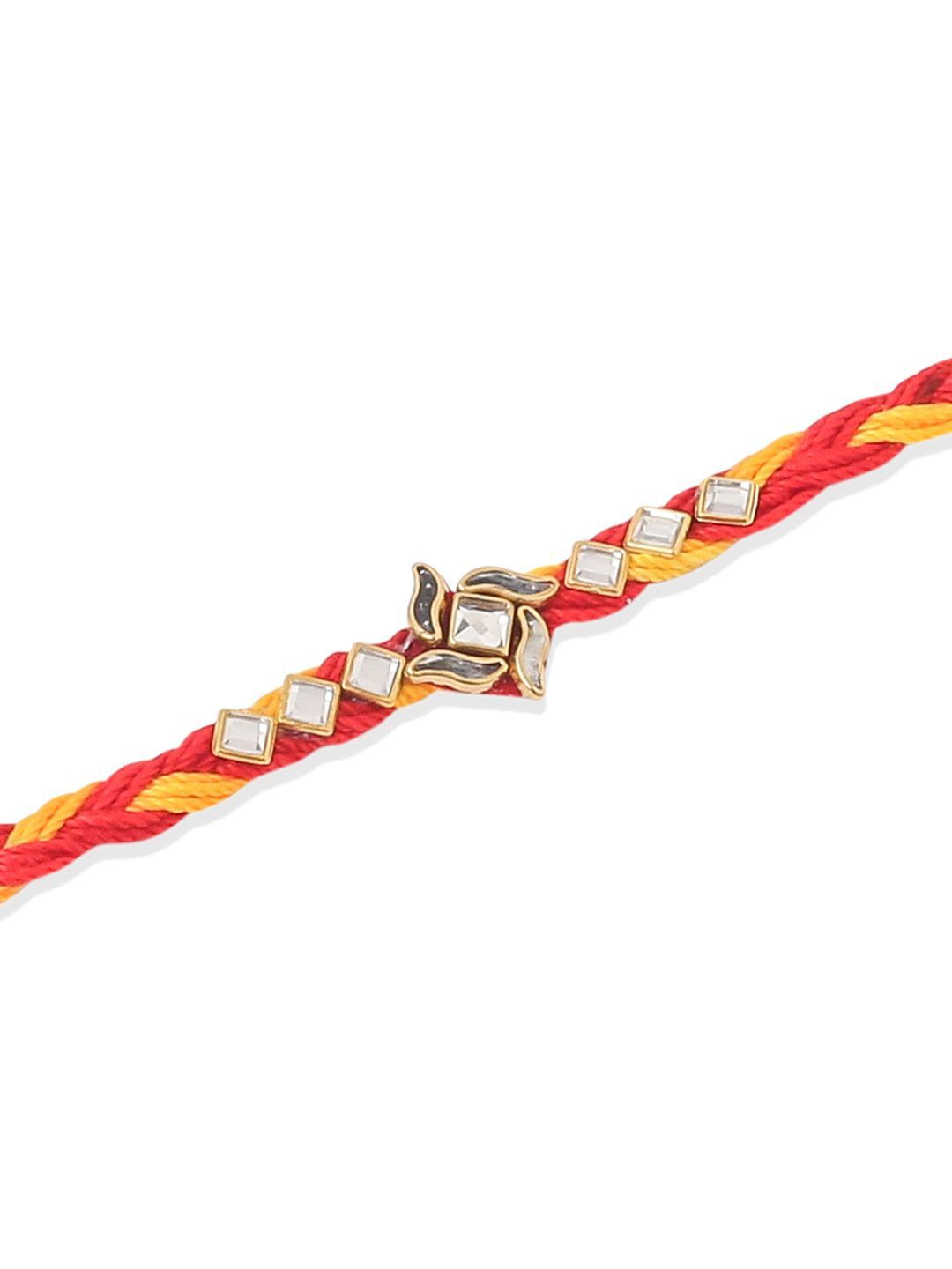 Anouk Men Set Of 6 Red & Yellow Kundan Studded Floral Design Thread Rakhi With Roli Chawal