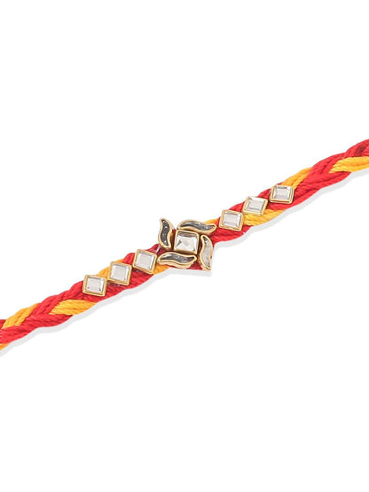 Anouk Men Set Of 6 Red & Yellow Kundan Studded Floral Design Thread Rakhi With Roli Chawal