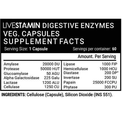 Livestamin Digestive Enzymes capsules in a clear bottle, showing several beige capsule pills inside.