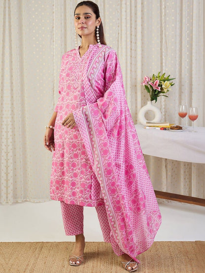 Floral Printed V-Neck Thread Work Pure Cotton Kurta With Trousers & Dupatta
