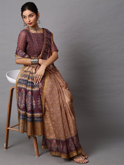 Women's Linen Blend Beige Printed Celebrity Saree With Blouse Piece