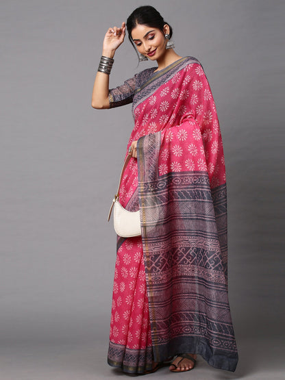 Women's Linen Blend Pink Printed Celebrity Saree With Blouse Piece