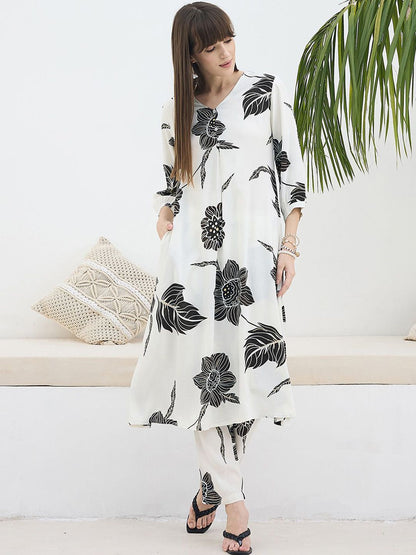 Indyancart IE Floral Printed V-Neck Tunic & Trousers