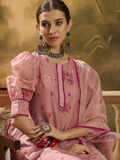 Indyancart SN Women's Floral Printed Puffed Sleeves Chanderi Silk Straight Kurta With Trousers & Dupatta