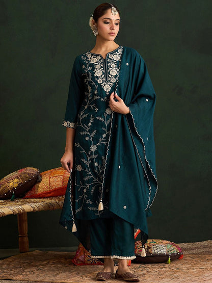 Indyancart IE Ethnic Motifs Embroidered Straight Kurta With Trousers & Dupatta