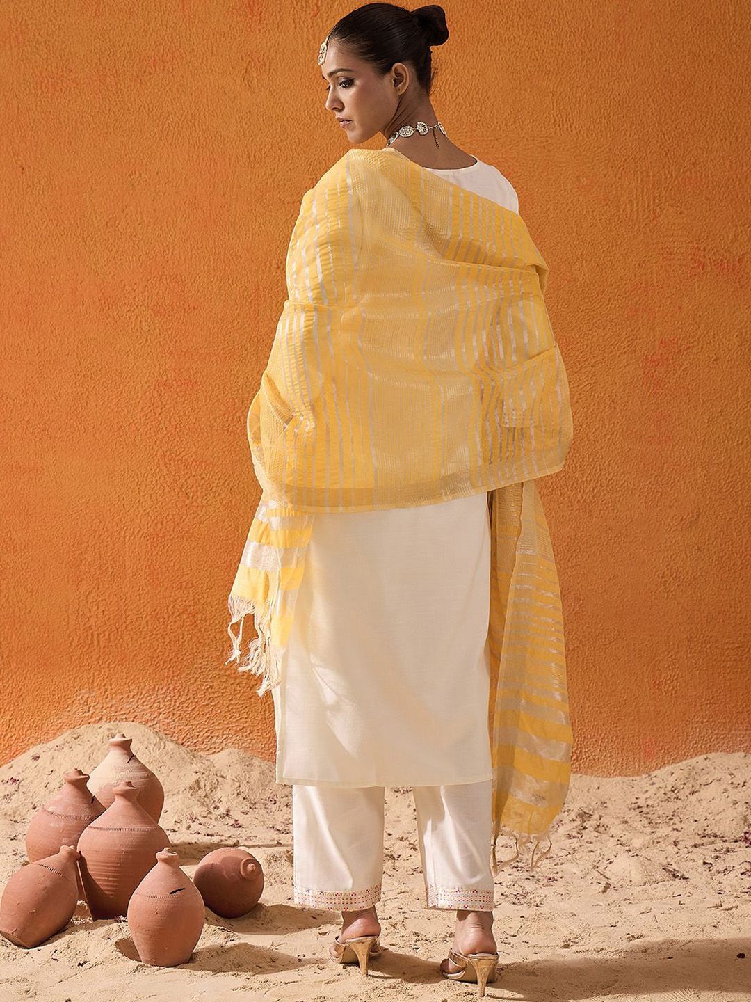 Indyancart IE Floral Yoke Design Zari Pure Cotton Straight Kurta With Trousers & Dupatta