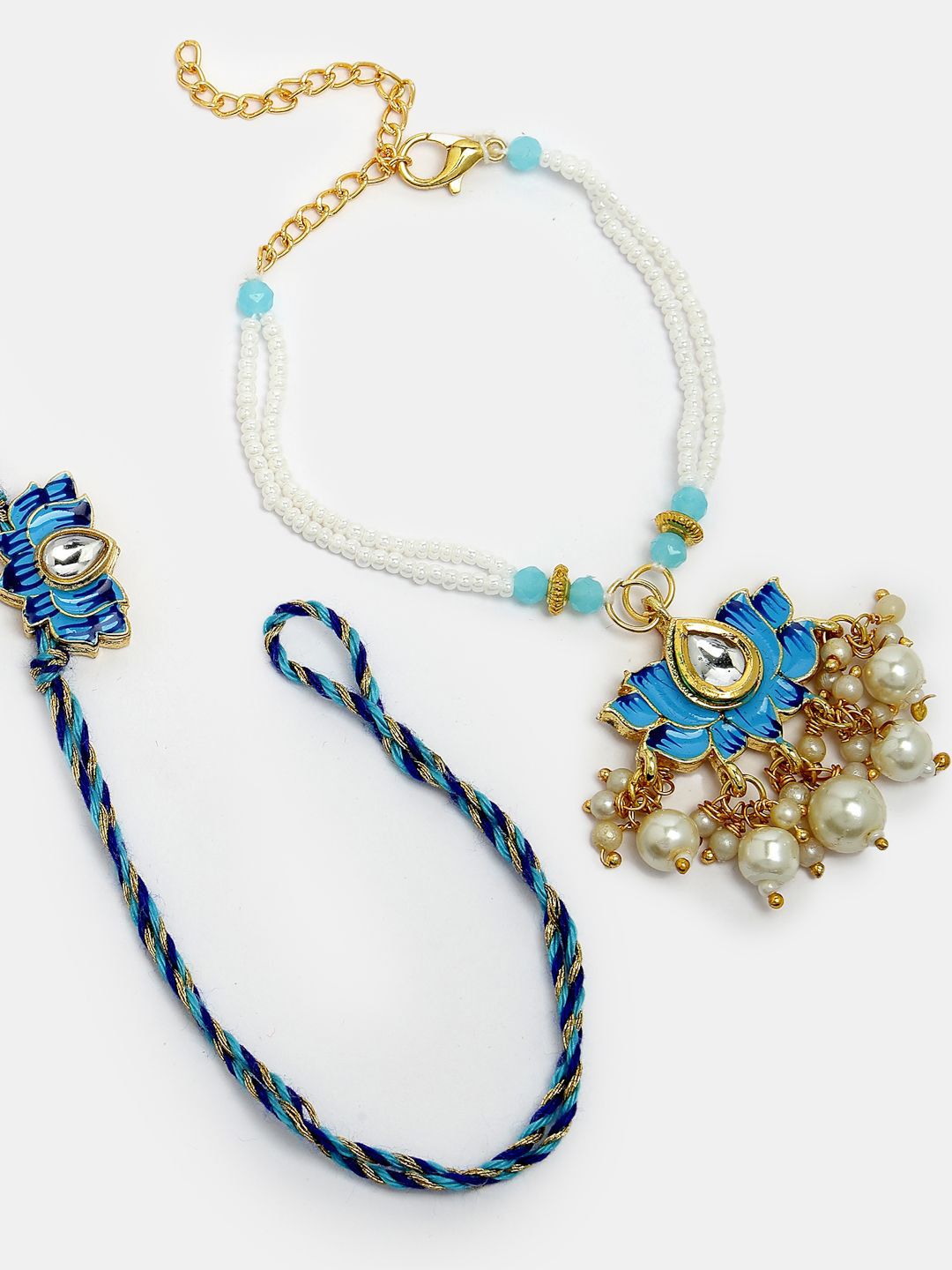 Anouk Unisex Set Of 2 Blue Lotus Shape Kundan-Studded & Beaded Wraparound Rakhi Set