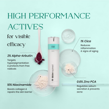 SkinInspired Aqua Pump 10% Niacinamide face serum in a clear pump bottle, highlighting its skincare packaging and product label.