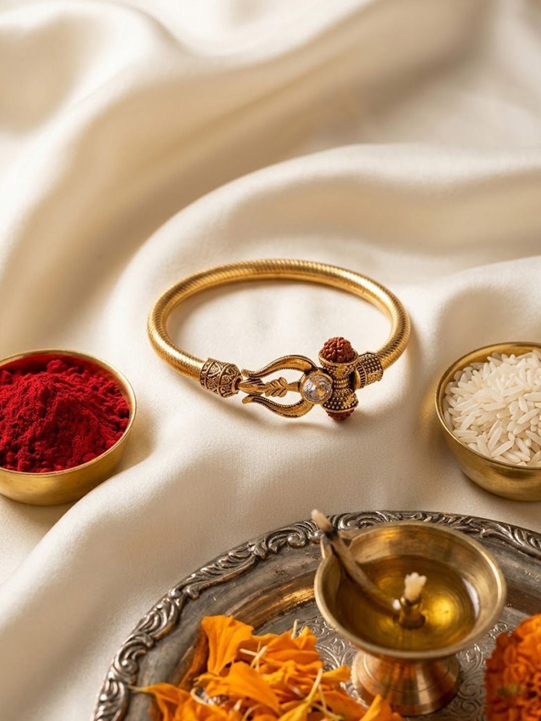 Anouk Gold Plated Trishool Design Rudraksh Rakhi Bracelet With Roli Chawal Chandan Mishri
