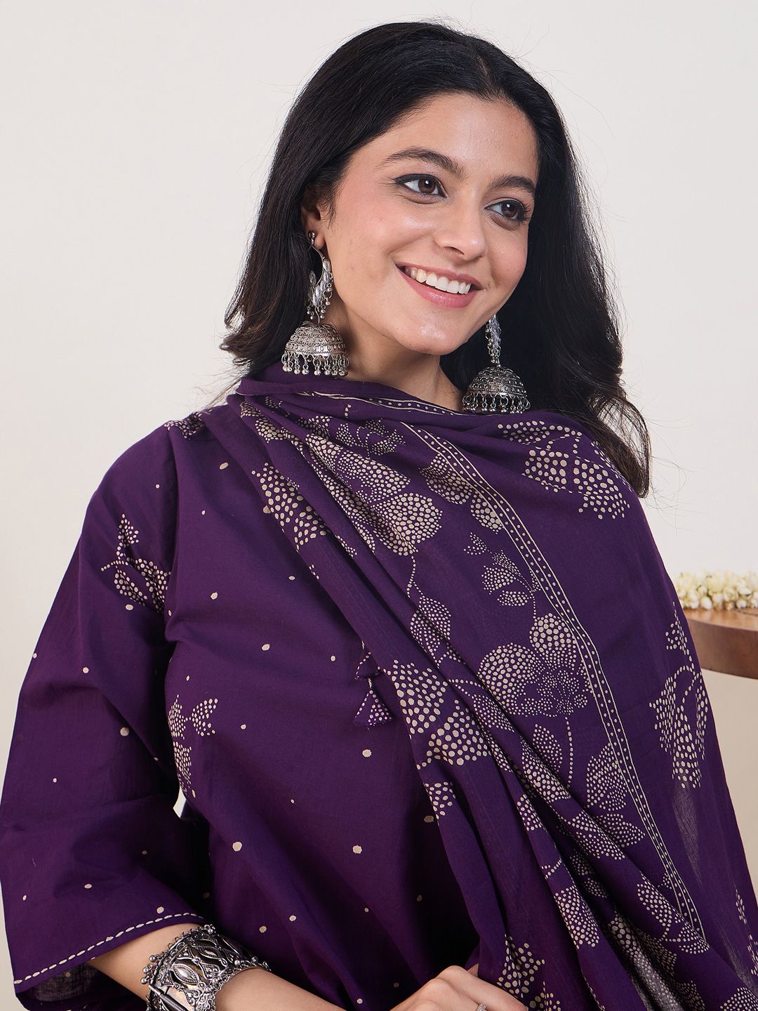 Ethnic Motifs Printed V-Neck Pure Cotton Anarkali Kurta With Trousers & Dupatta