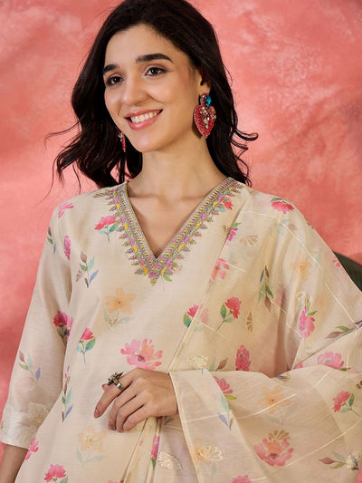 Indyancart SN Women's Floral Printed Straight Kurta With Trouser & Dupatta