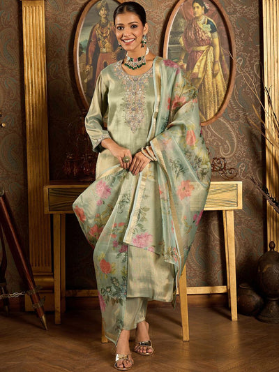 Indyancart IE Ethnic Motifs Embroidered Zari Liva Kurta With Trousers & Dupatta