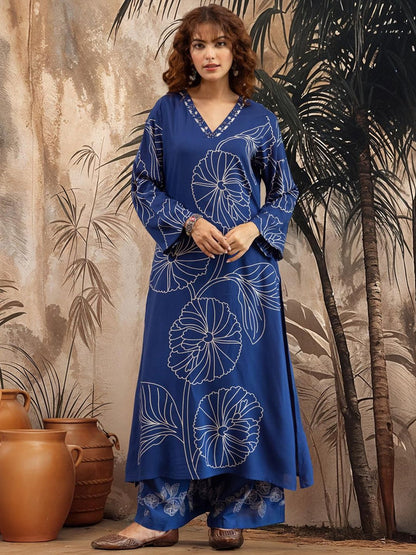 Indyancart SN Women's Floral Printed V-Neck Straight Kurta & Palazzo