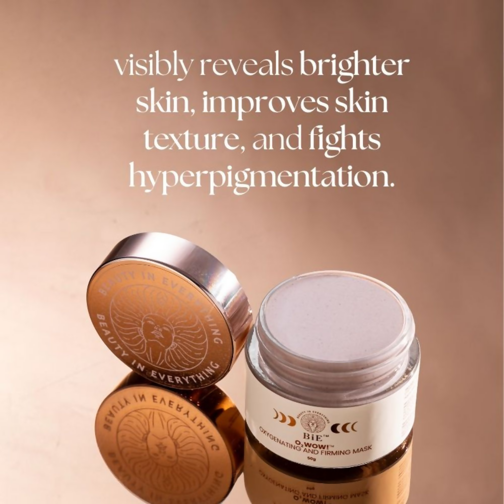 BiE O2wow oxygenating and firming face mask with oxygen vital for brightening skin, shown in a sleek jar.
