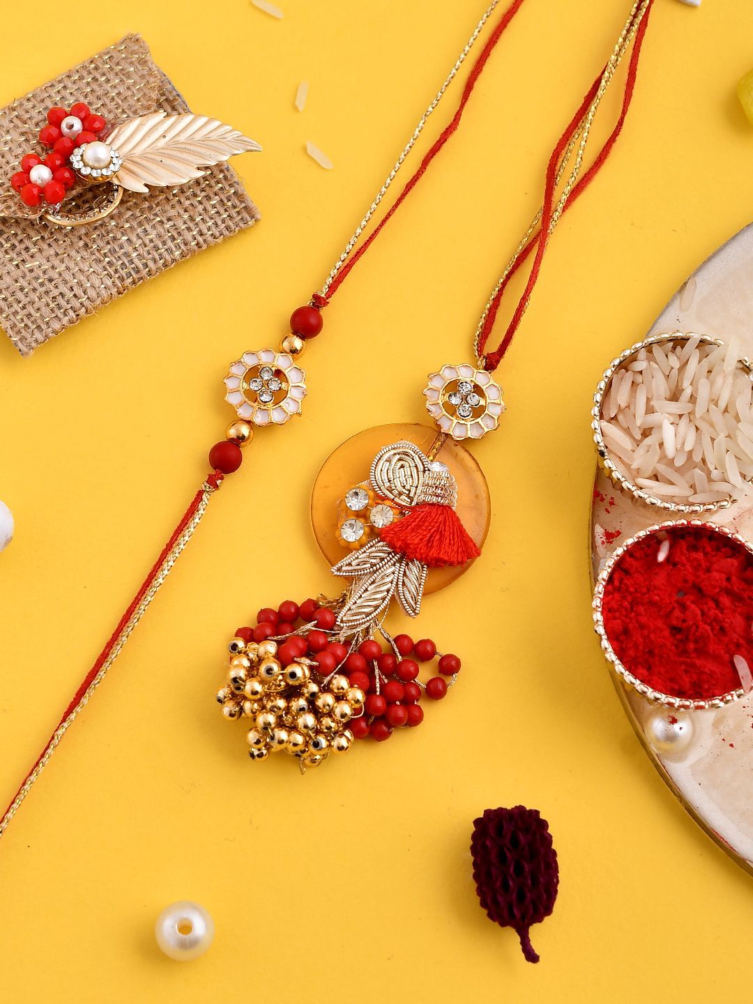 Anouk Orange Beaded Bhaiya Bhabhi Rakhi With Roli Chawal & Greeting Card