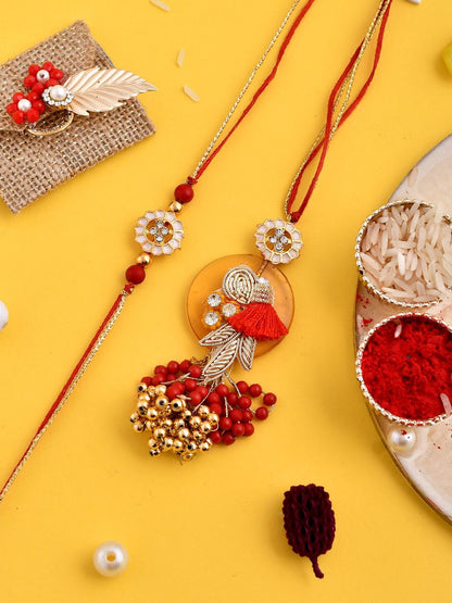 Anouk Orange Beaded Bhaiya Bhabhi Rakhi With Roli Chawal & Greeting Card