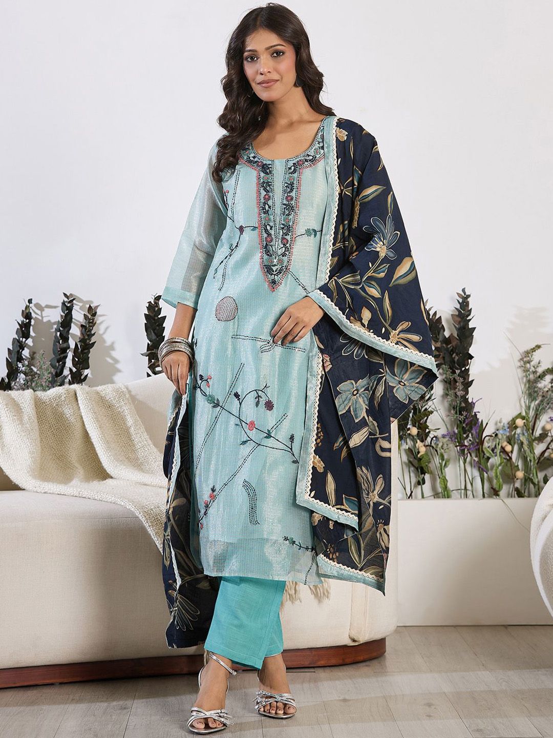 Indyancart IE Floral Embroidered Thread Work Pure Cotton Kurta with Trouser & Dupatta