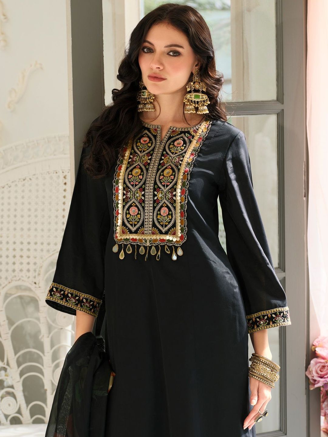 Women Ethnic Motifs Regular Sequinned Kurta with Trousers & With Dupatta