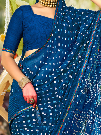 Women's Pure Georgette Navy Blue Embellished Designer Saree With Blouse Piece