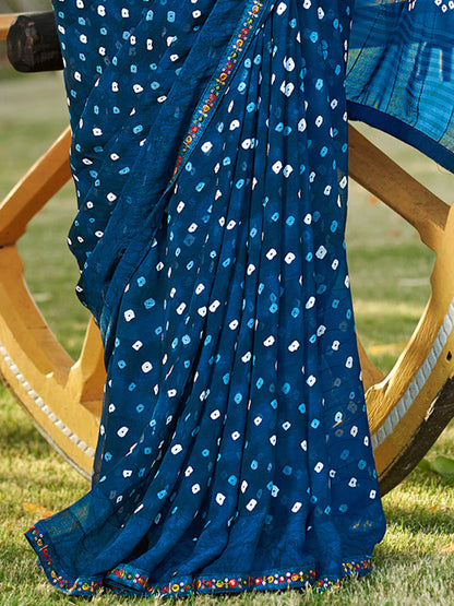 Women's Pure Georgette Navy Blue Embellished Designer Saree With Blouse Piece