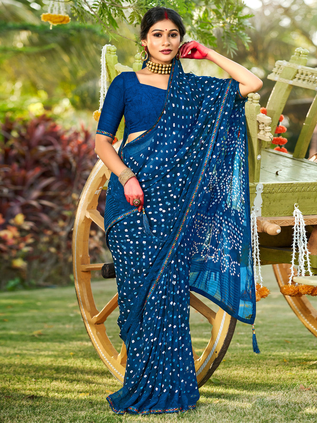 Women's Pure Georgette Navy Blue Embellished Designer Saree With Blouse Piece