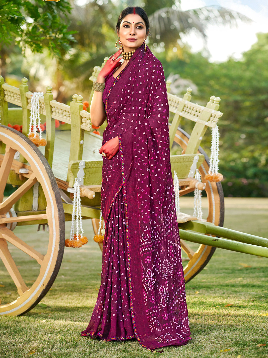 Women's Pure Georgette Magenta Embellished Designer Saree With Blouse Piece