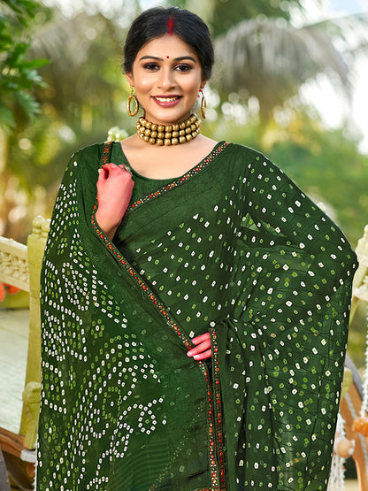 Women's Pure Georgette Olive Embellished Designer Saree With Blouse Piece