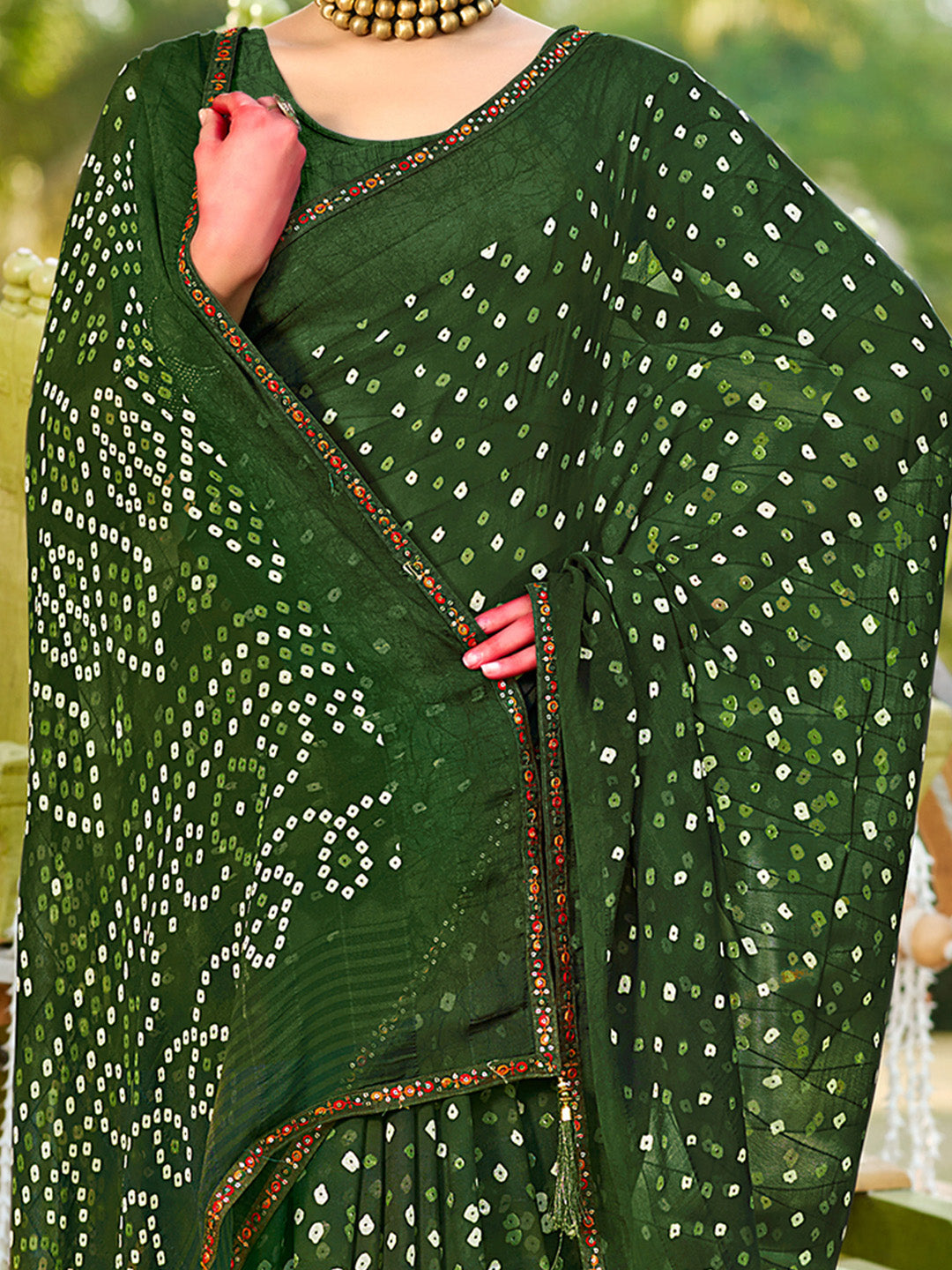 Women's Pure Georgette Olive Embellished Designer Saree With Blouse Piece
