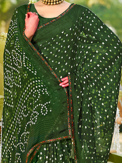 Women's Pure Georgette Olive Embellished Designer Saree With Blouse Piece