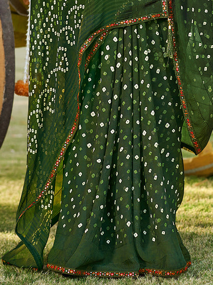 Women's Pure Georgette Olive Embellished Designer Saree With Blouse Piece