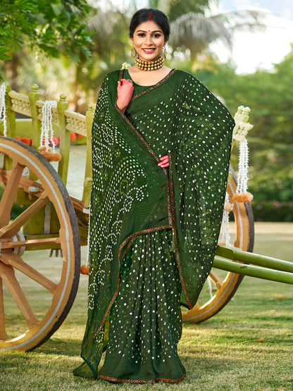 Women's Pure Georgette Olive Embellished Designer Saree With Blouse Piece