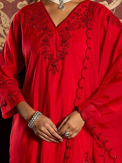 Indyancart IE Ethnic Motifs Embroidered Sequined Straight Kurta With Trousers & Dupatta