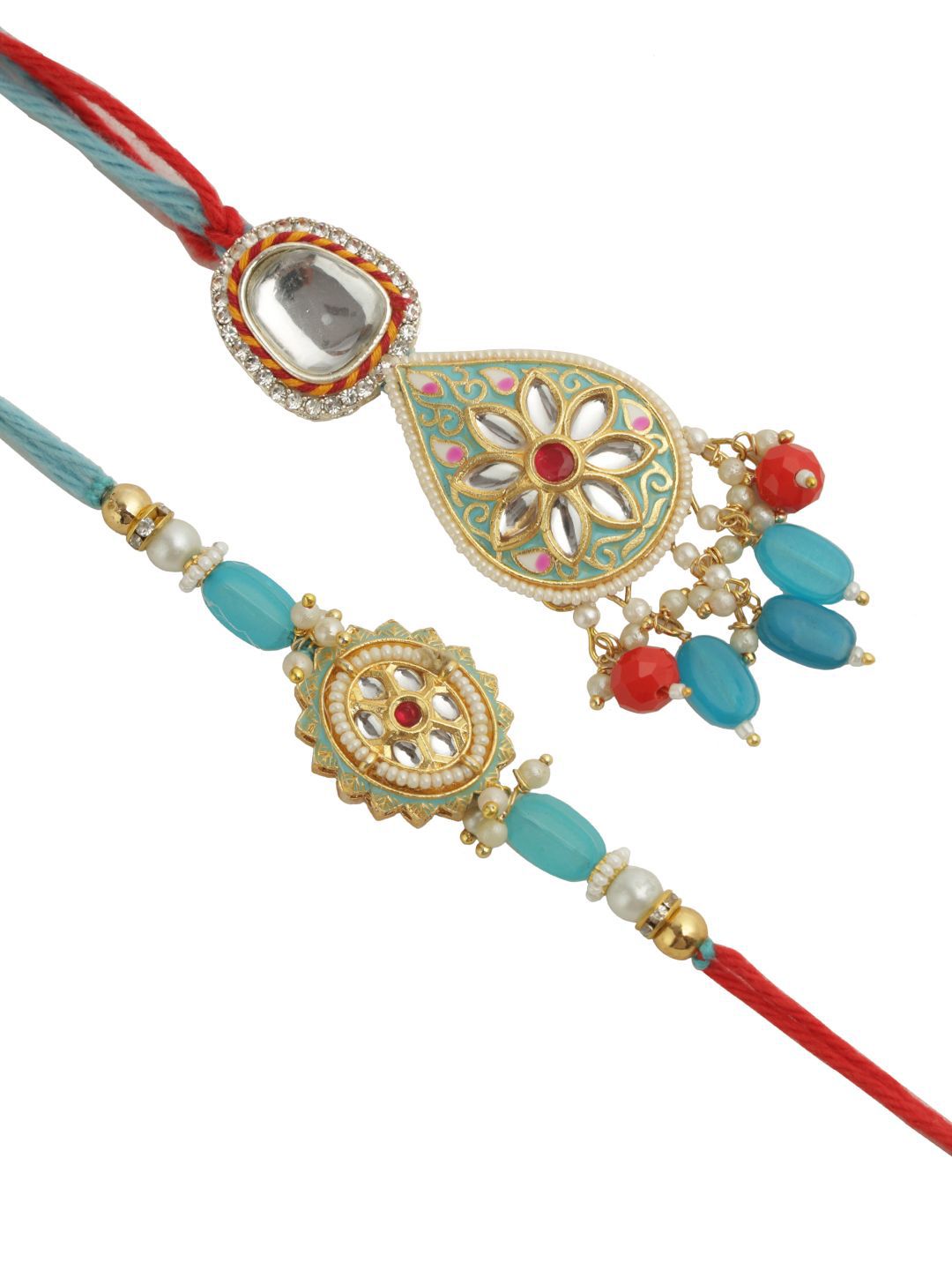 Anouk Bhaiya Bhabhi Kundan Studded Enameled Thread Rakhi With Roli Chawal & Greetings Card