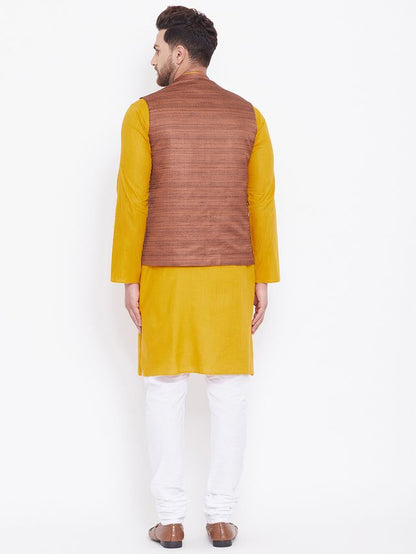 Men's Mustard Cotton Blend Straight Jacket  Kurta and Pyjama Set