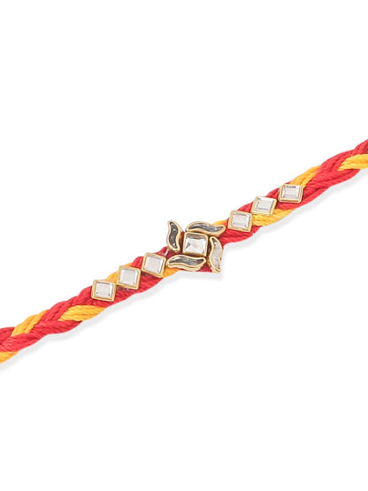 Anouk Men Set Of 3 Red & Yellow Kundan Studded Floral Design Thread Rakhi With Roli Chawal
