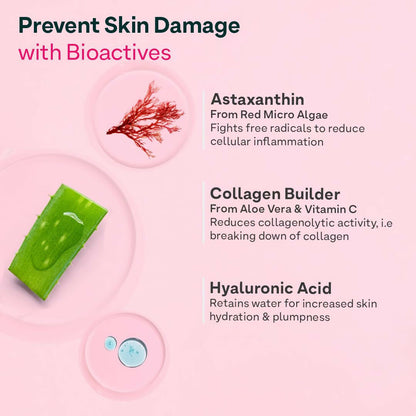 OZiva Bioactive Gluta Fizzy Effervescent Tablets for skin, showing the colorful tablets in a clear glass with a backdrop of ingredients.