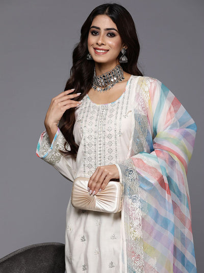 Indyancart IE Cream-Coloured Embroidered Sequined Cotton Zari Kurta With Trousers & Dupatta