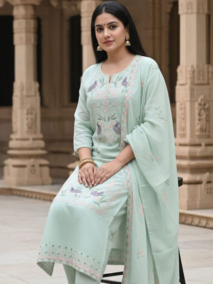 Floral Embroidered Thread Work Pure Cotton Straight Kurta & Trousers With Dupatta