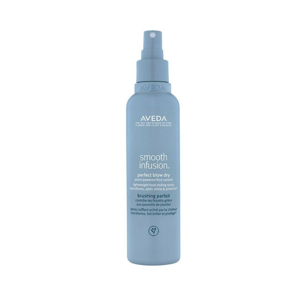 Aveda Travel Size Smooth Infusion Perfect Blow Dry Hair Serum bottle with pump applicator on a white background.